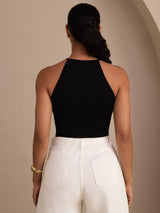 [Noir] SilkSilky-FR Sleeveless Crew Neck Top À Fines Brides 002