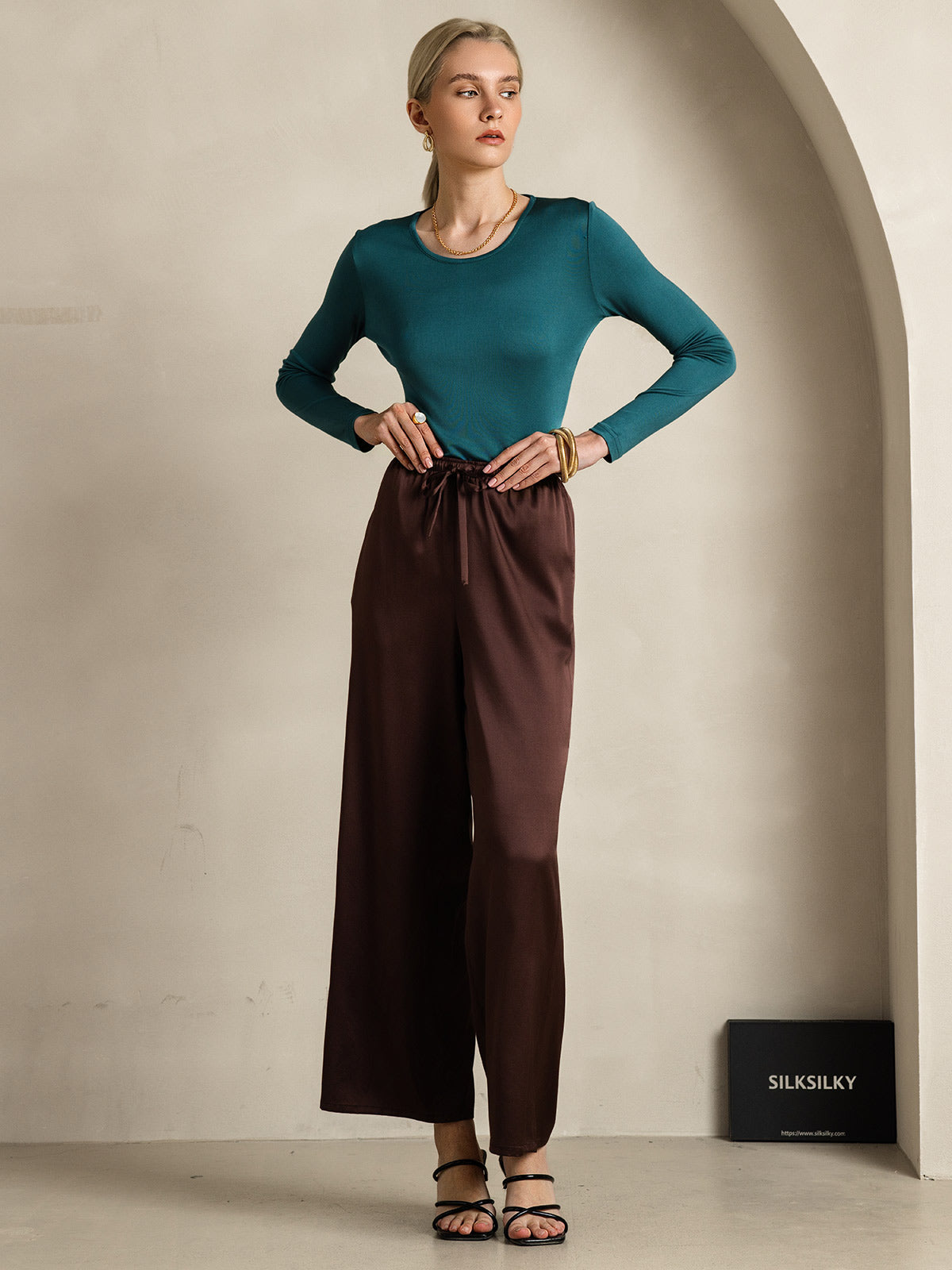 [Café] SilkSilky-FR Pure Soie Womens Pants 007