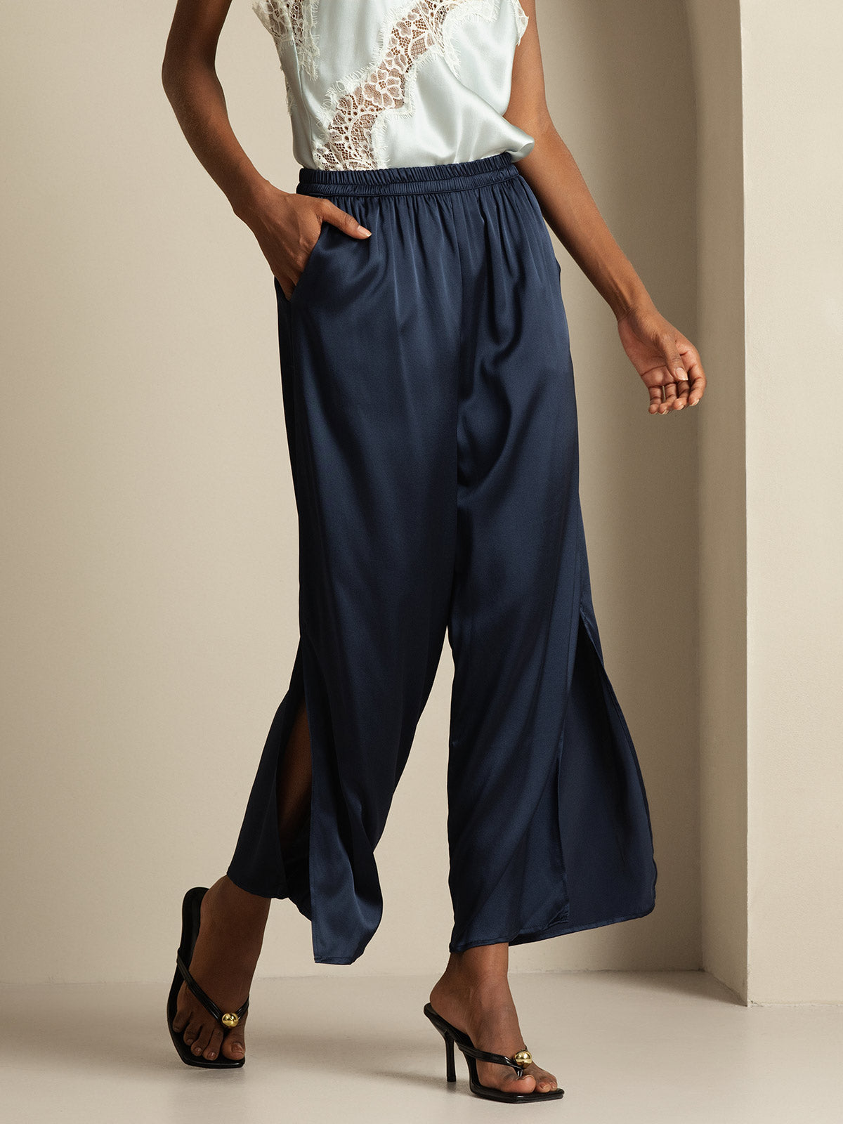 [Bleu Foncé] SilkSilky-FR 19Momme Soie Womens Pants 003