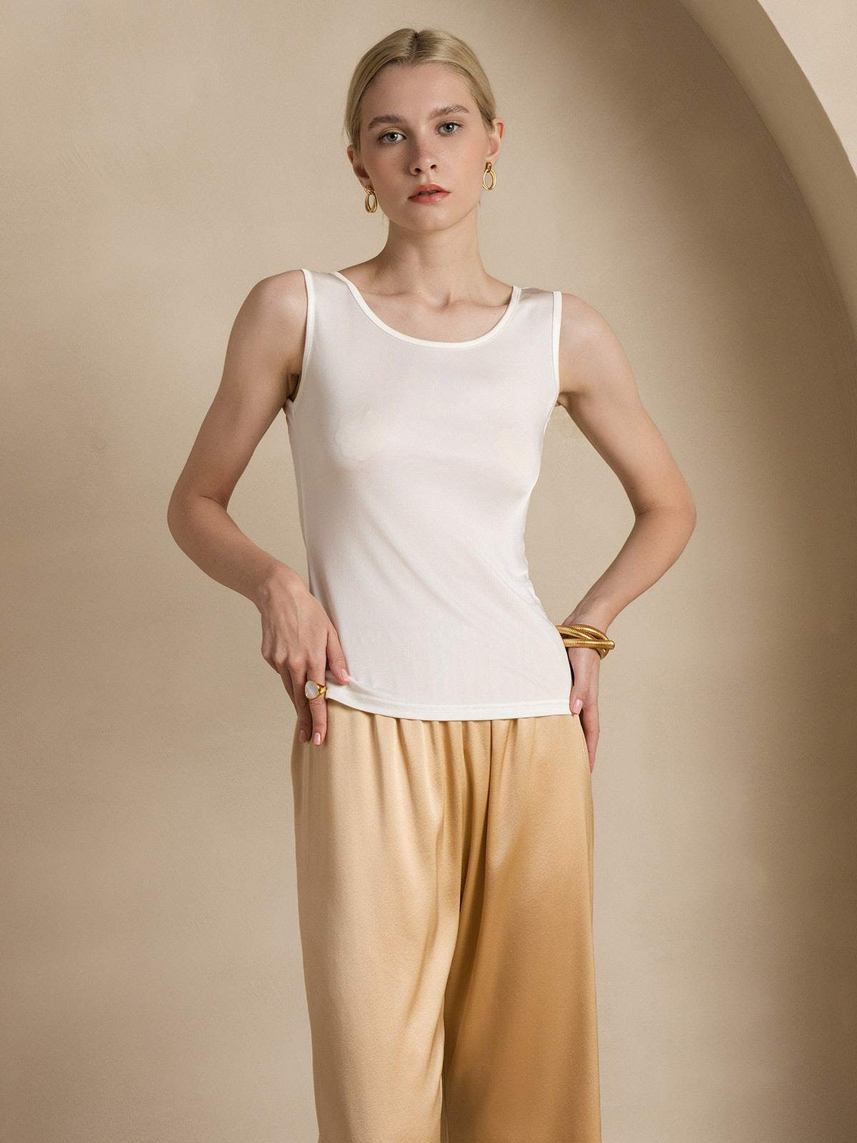 [Blanc] SilkSilky-FR Soie Tricotée Col Rond Femme T-Shirt 005