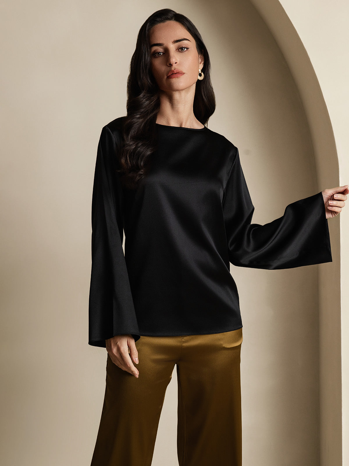 [Noir] SilkSilky-FR 19Momme Soie Col Rond Femme T-Shirt 001