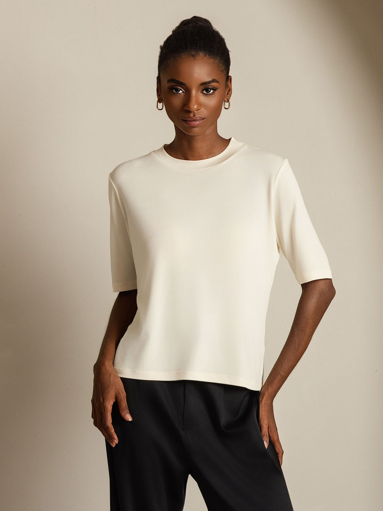 [Beige] SilkSilky-FR Soie Col Rond Femme T-Shirt 006