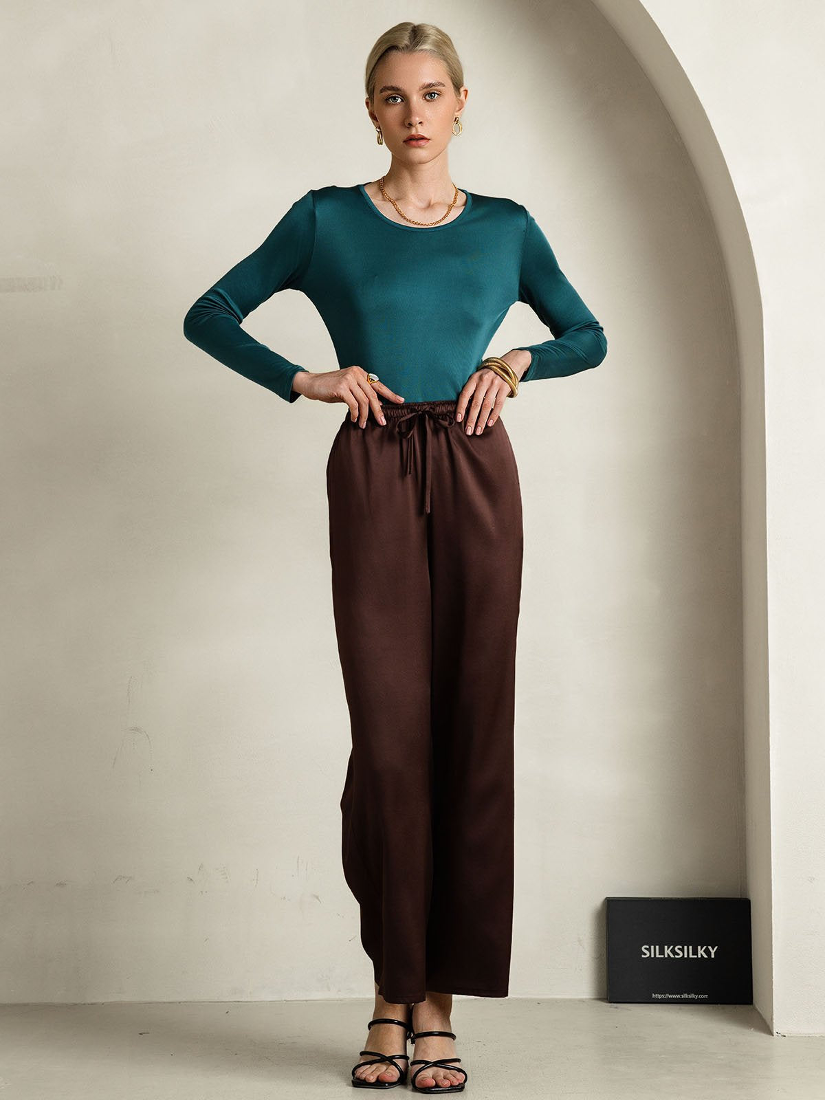 [Vert Foncé] SilkSilky-FR Soie Col Rond Femme T-Shirt 007