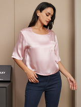[Rose] SilkSilky-FR Manches mi-longues Encolure Dégagée Femme T-Shirt 003