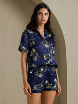 [Lion Bleu Marine] SilkSilky-FR Short Sleeve Notch Collar Femme Pyjamas 004