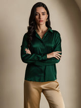 [Vert Foncé] SilkSilky-FR Long Sleeve Lapel Collar Femme Chemise 005