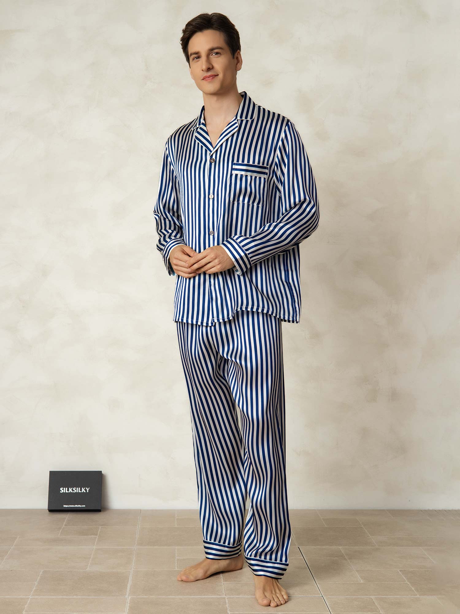 [Rayure Marine] SilkSilky-FR 19Momme Pure Soie Mens Pajamas 007