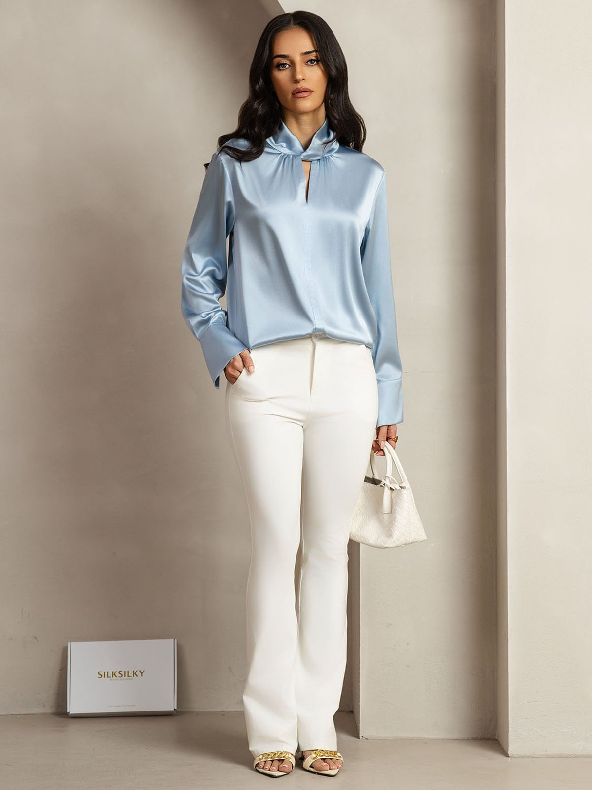 [Bleu Grisâtre] SilkSilky-FR 19Momme Soie Womens Shirt 010