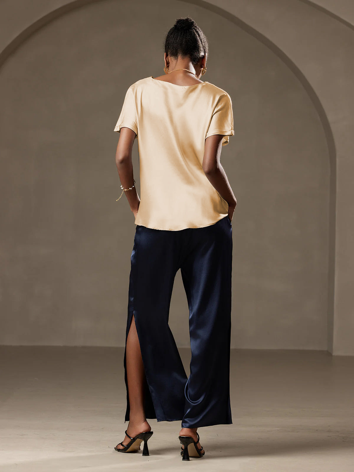 [Champagne] SilkSilky-FR 19Momme Soie Col Rond Femme T-Shirt 002