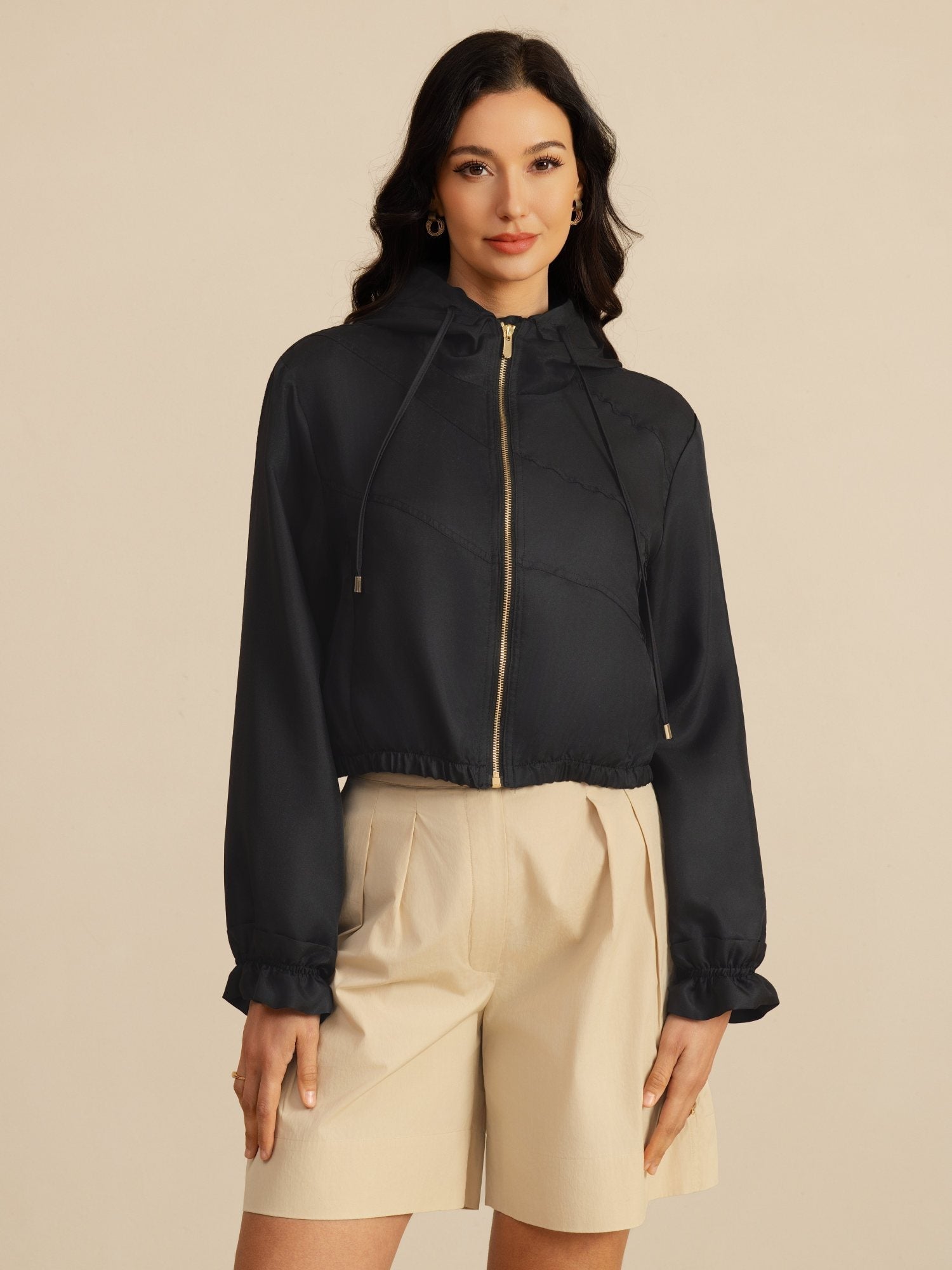 [Noir] SilkSilky-FR 18Momme Manches longues Col Haut Femme Manteaux 001