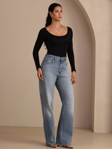 [Noir] SilkSilky-FR Long Sleeve Col en U Femme T-Shirt 006