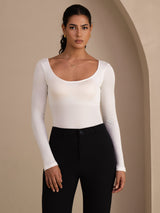 [Blanc] SilkSilky-FR Long Sleeve Col en U Femme T-Shirt 001