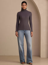 [Gris Foncé] SilkSilky-FR Long Sleeve Turtle Neck Femme T-Shirt 005