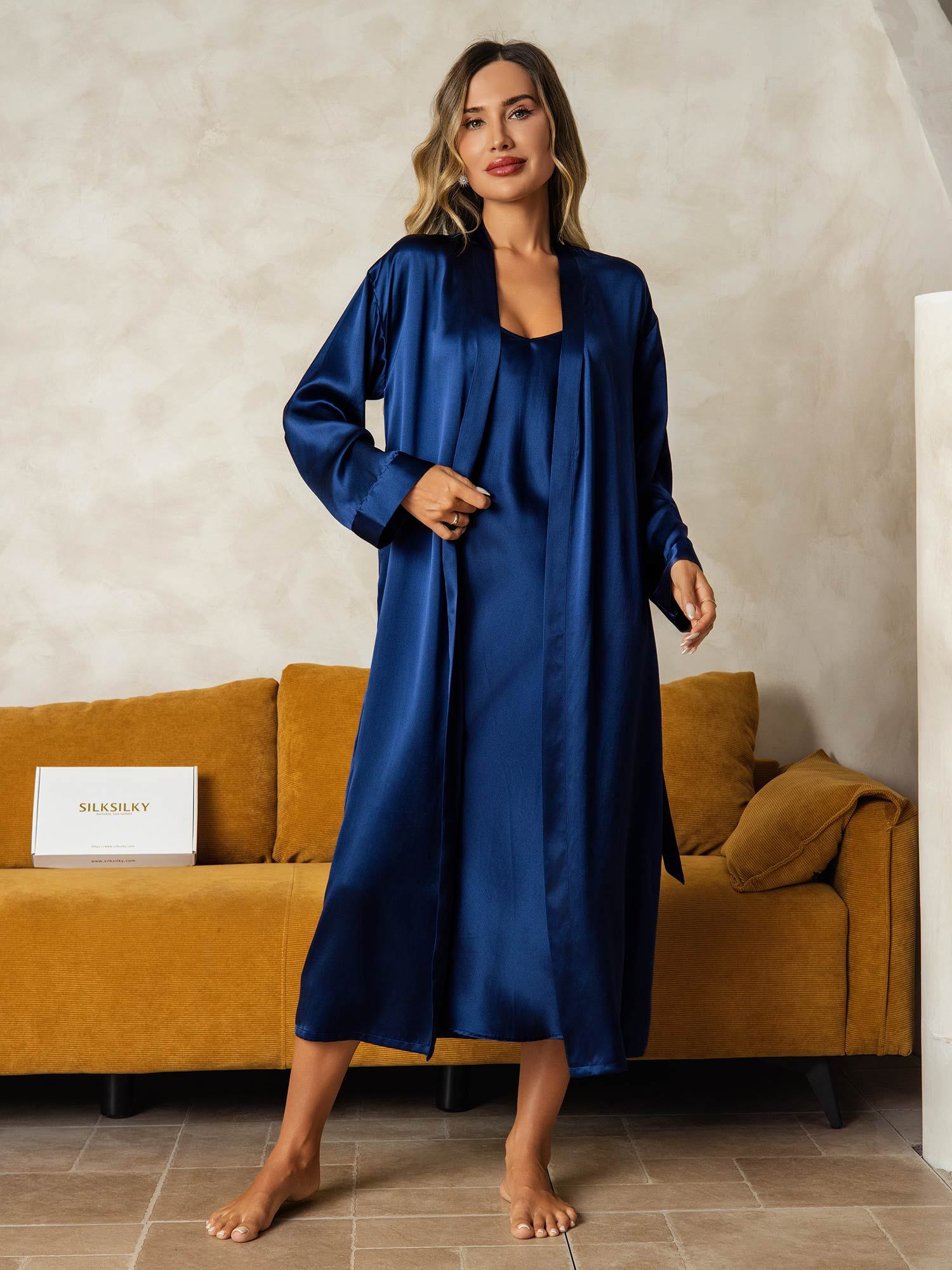 [BleuFoncé] SilkSilky-FR Soie Nightgown&Robe Set 008