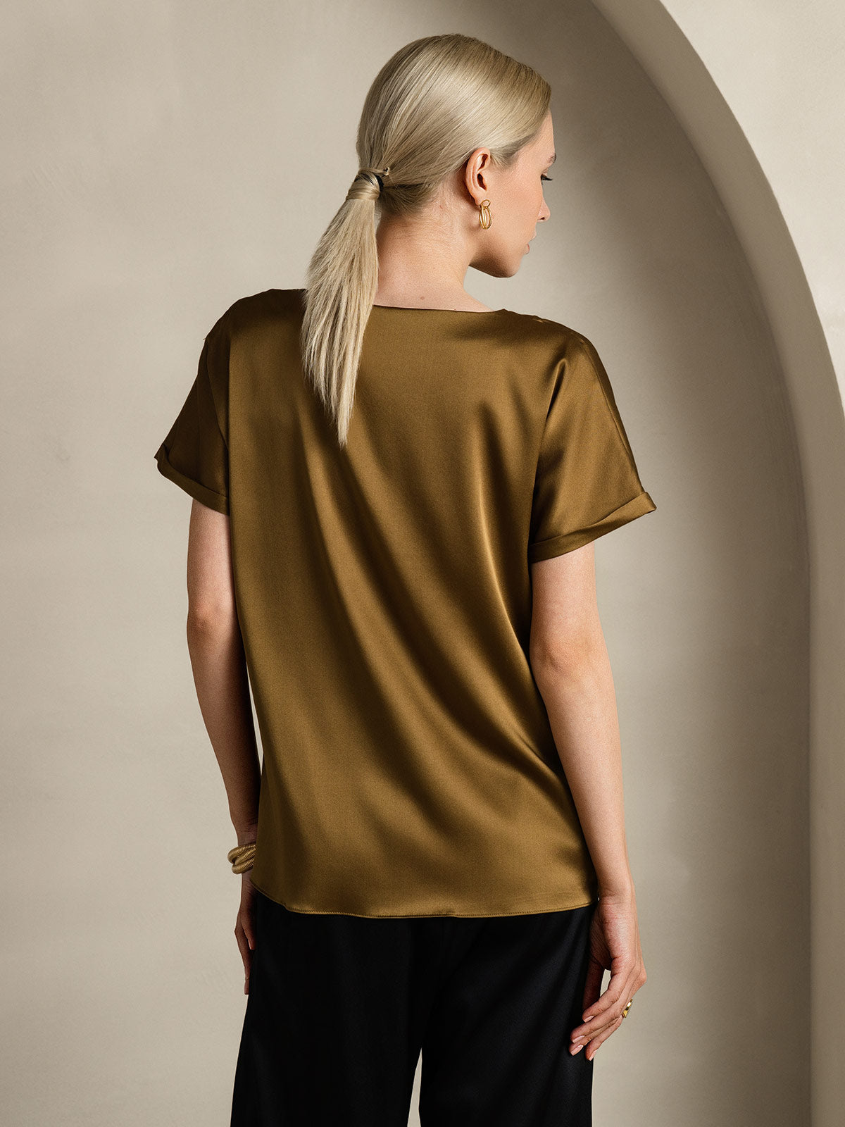 [Brun] SilkSilky-FR 19Momme Soie Col Rond Femme T-Shirt 002