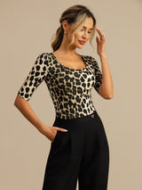[Leopard] SilkSilky-FR Manches mi-longues Encolure Dégagée Femme T-Shirt 005