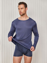 [Bleu Foncé] SilkSilky-FR Long Sleeve Round Neck Homme T-Shirt 004