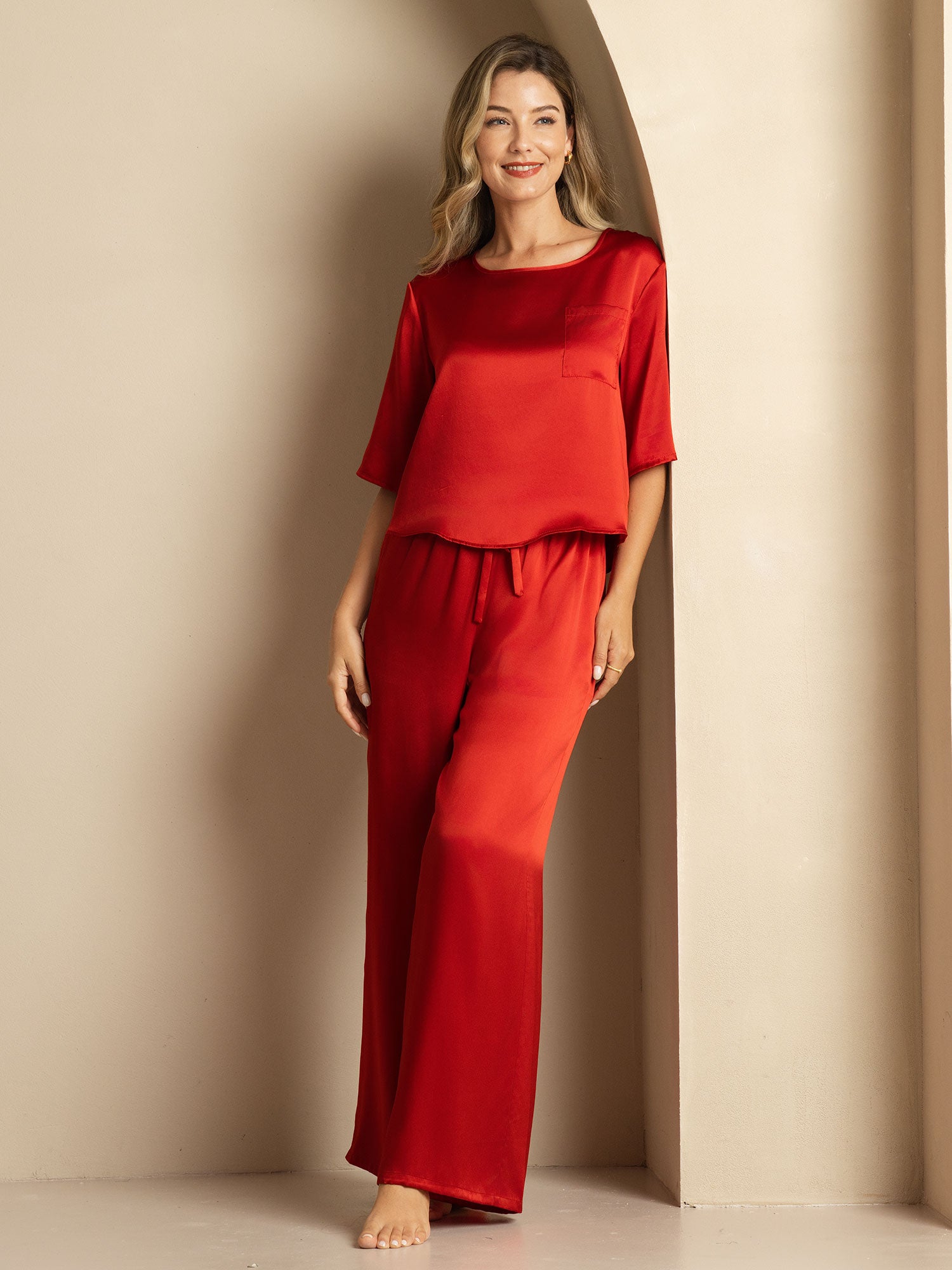 [Rouge Vineux] SilkSilky-FR Pure Soie Col Rond Femme Pyjamas 006