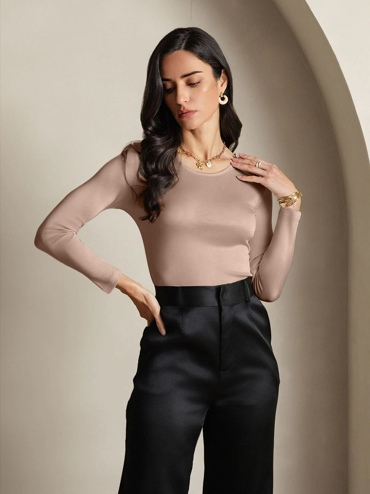 [Café] SilkSilky-FR Manches longues Col Rond Femme T-Shirt 003
