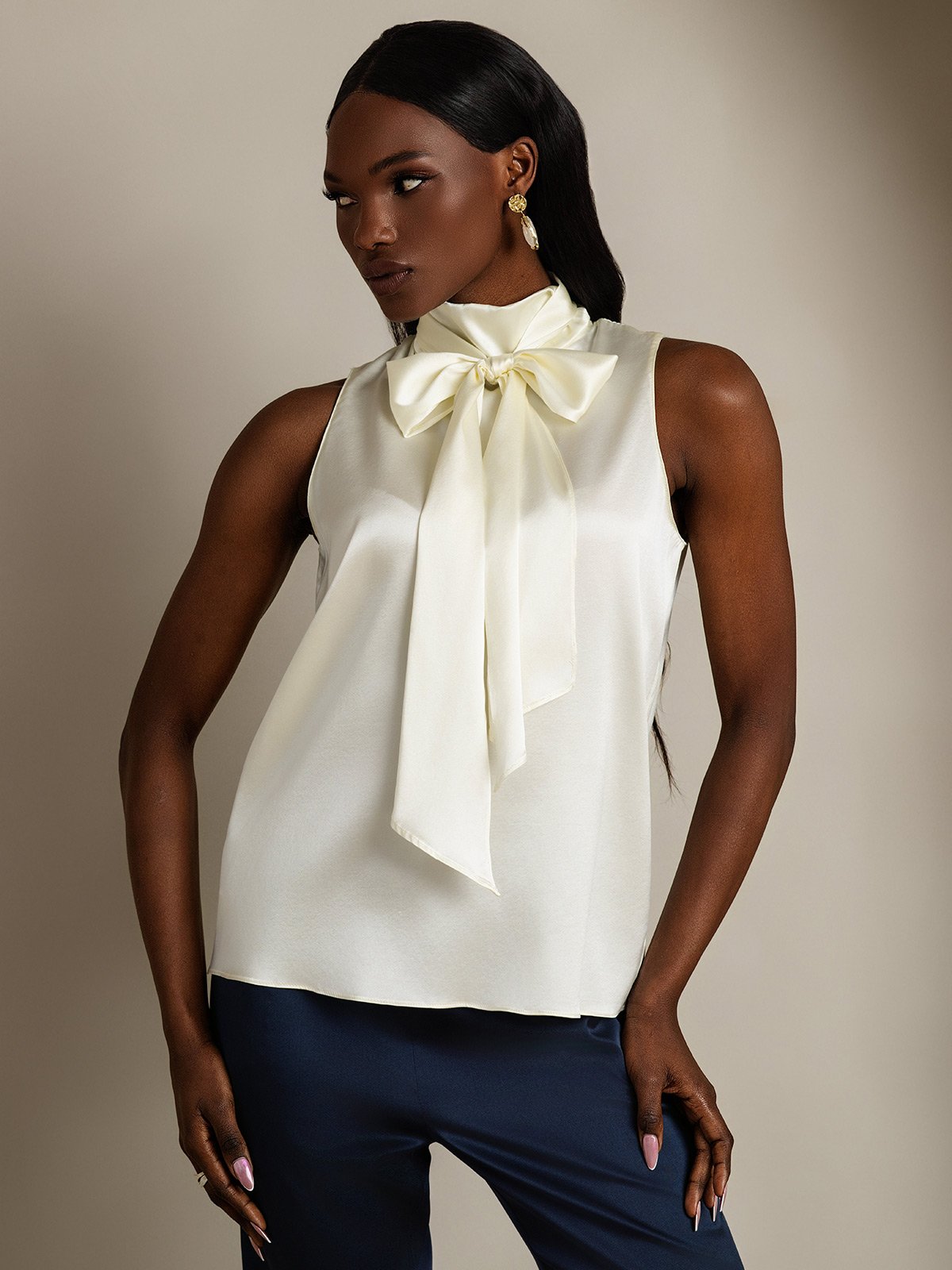 SilkSilky-FR 19Momme Soie Nœud à l'encolure Femme Chemise Ivory 003
