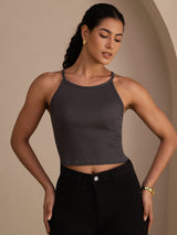 [Gris] SilkSilky-FR Sleeveless Crew Neck Top À Fines Brides 003