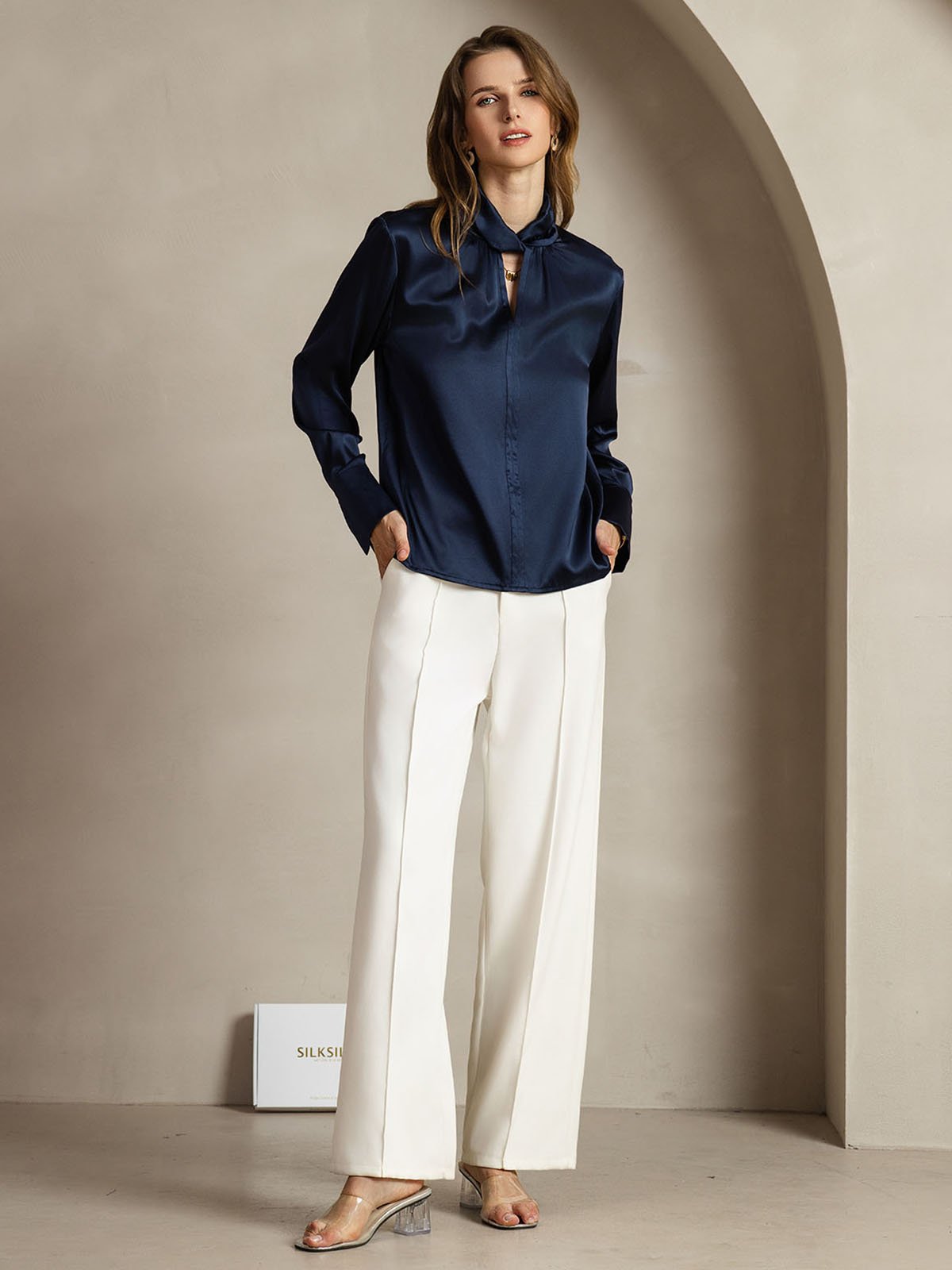 [BleuFoncé] SilkSilky-FR 19Momme Soie Womens Shirt 008