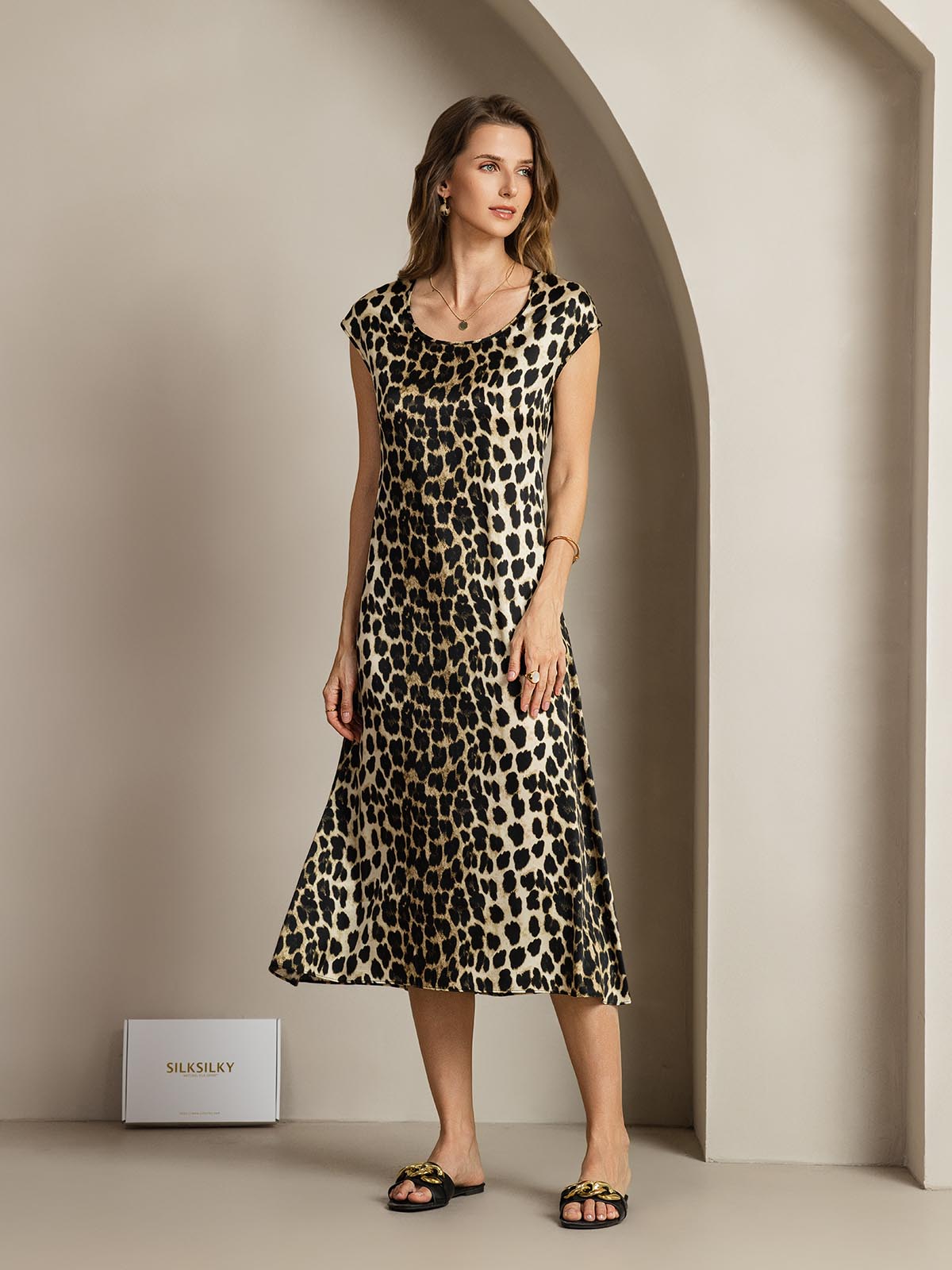 [Leopard] SilkSilky-FR 19Momme Soie Col Rond Robes 008