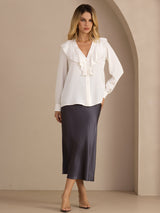[Blanc] SilkSilky-FR Long Sleeve Deep V Neck Blouse 005