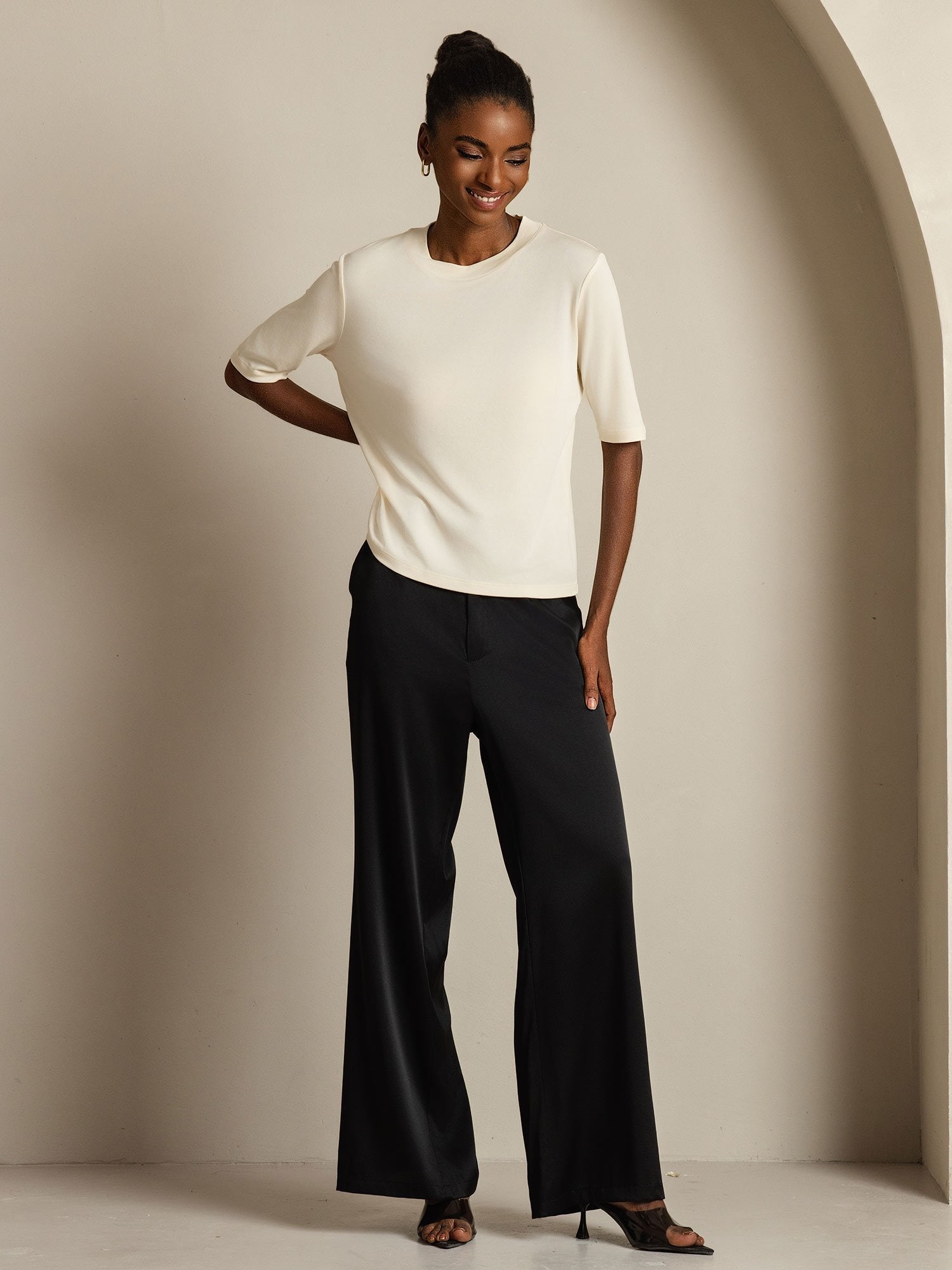 [Beige] SilkSilky-FR Soie Col Rond Femme T-Shirt 007