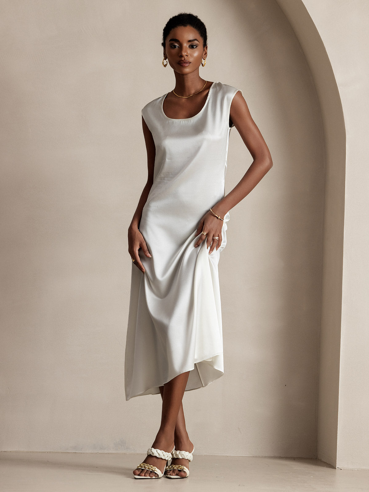 [Blanc] SilkSilky-FR 19Momme Soie Col Rond Robes 003