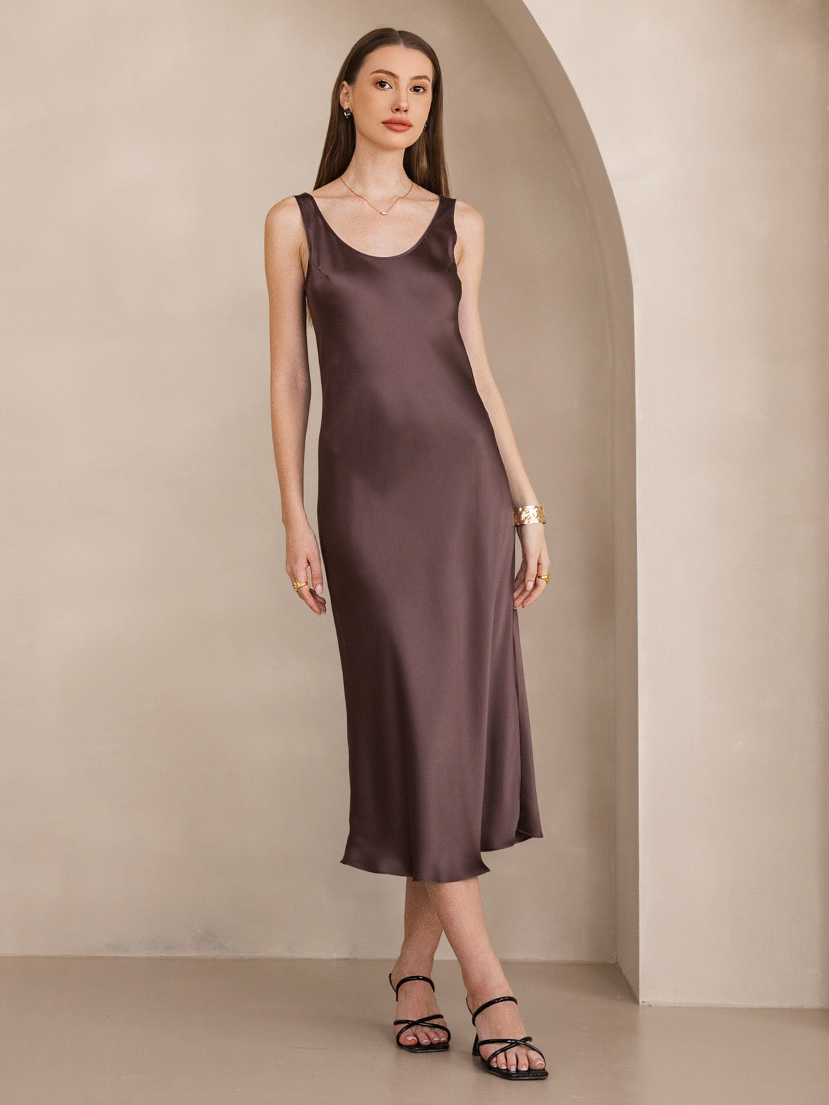 [Café] SilkSilky-FR Pure Soie Col Bateau Robes 001