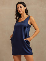 [Bleu Foncé] SilkSilky-FR 19Momme Sans manches Encolure Dégagée Chemises de nuit 007