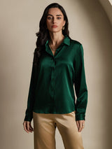 [Vert Foncé] SilkSilky-FR Long Sleeve Lapel Collar Femme Chemise 004