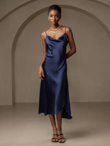 [Bleu Foncé] SilkSilky-FR Fines Brides Col Bénitier Robes 001