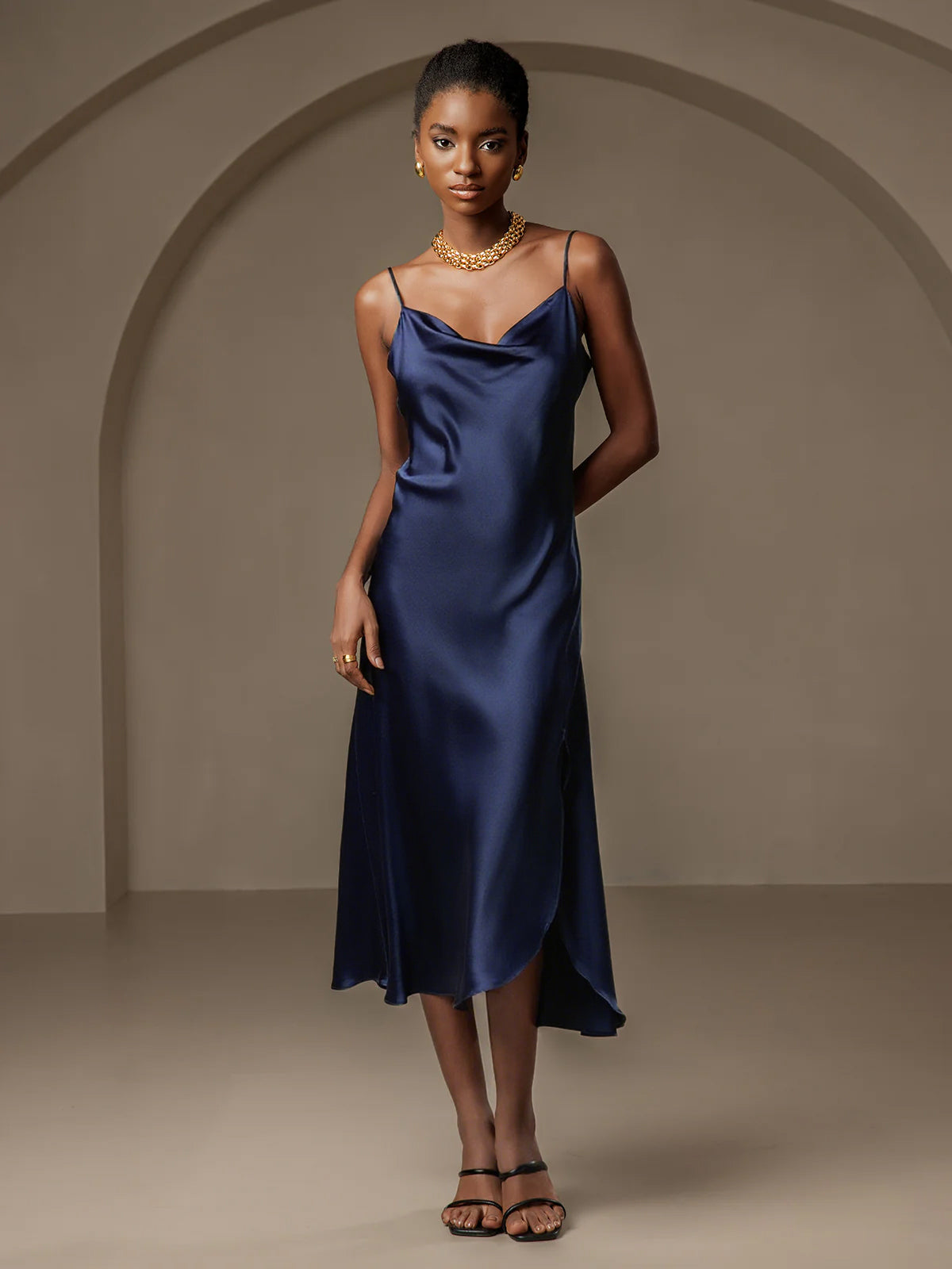 [Bleu Foncé] SilkSilky-FR 19Momme Pure Soie Col Bénitier Robes 001