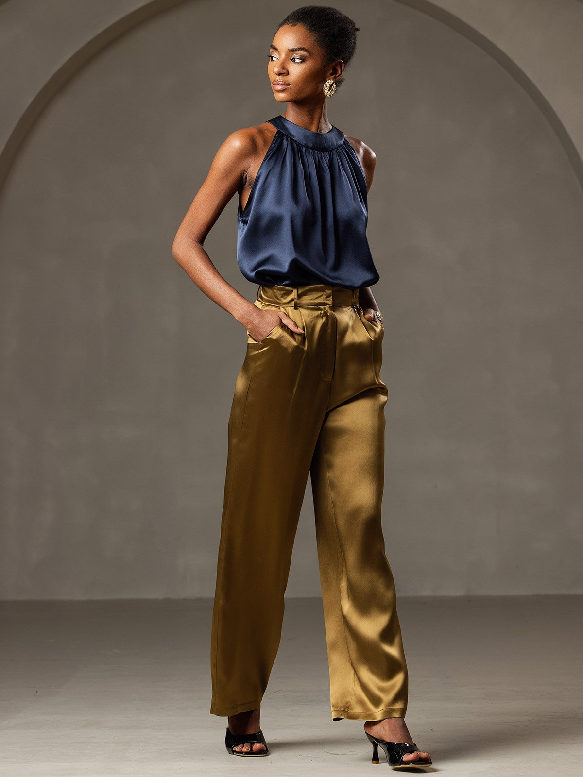 [Bleu Foncé] SilkSilky-FR 19Momme Soie Sans manches Womens T-Shirt 006