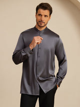 [Gris Foncé] SilkSilky-FR Long Sleeve Stand Collar Homme Chemise 004