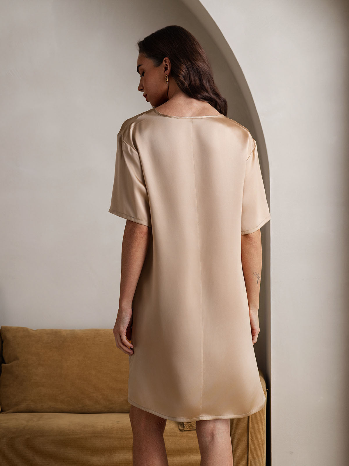 [Champagne] SilkSilky-FR Pure Soie Col en V Chemises de nuit 002