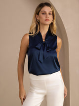 [Bleu Foncé] SilkSilky-FR Sleeveless Tie Neck Top À Fines Brides 005