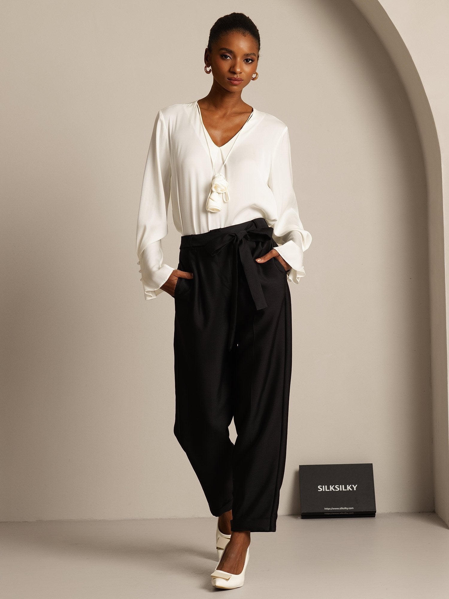 [Noir] SilkSilky-FR 32Momme Soie Womens Pants 003,