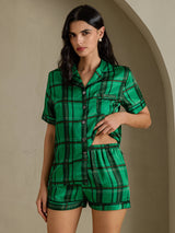 [Carreaux Verts] SilkSilky-FR Short Sleeve Notch Collar Femme Pyjamas 004