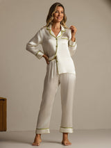 [Blanc] SilkSilky-FR Manches longues Col Cranté Femme Pyjamas 009