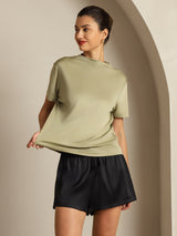 [Herbe Sèche] SilkSilky-FR 100% Silk Jersey Short Sleeve Mock Neck Femme T-Shirt 003