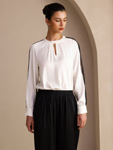 [Blanc] SilkSilky-FR Long Sleeve Keyhole Neck Blouse 004