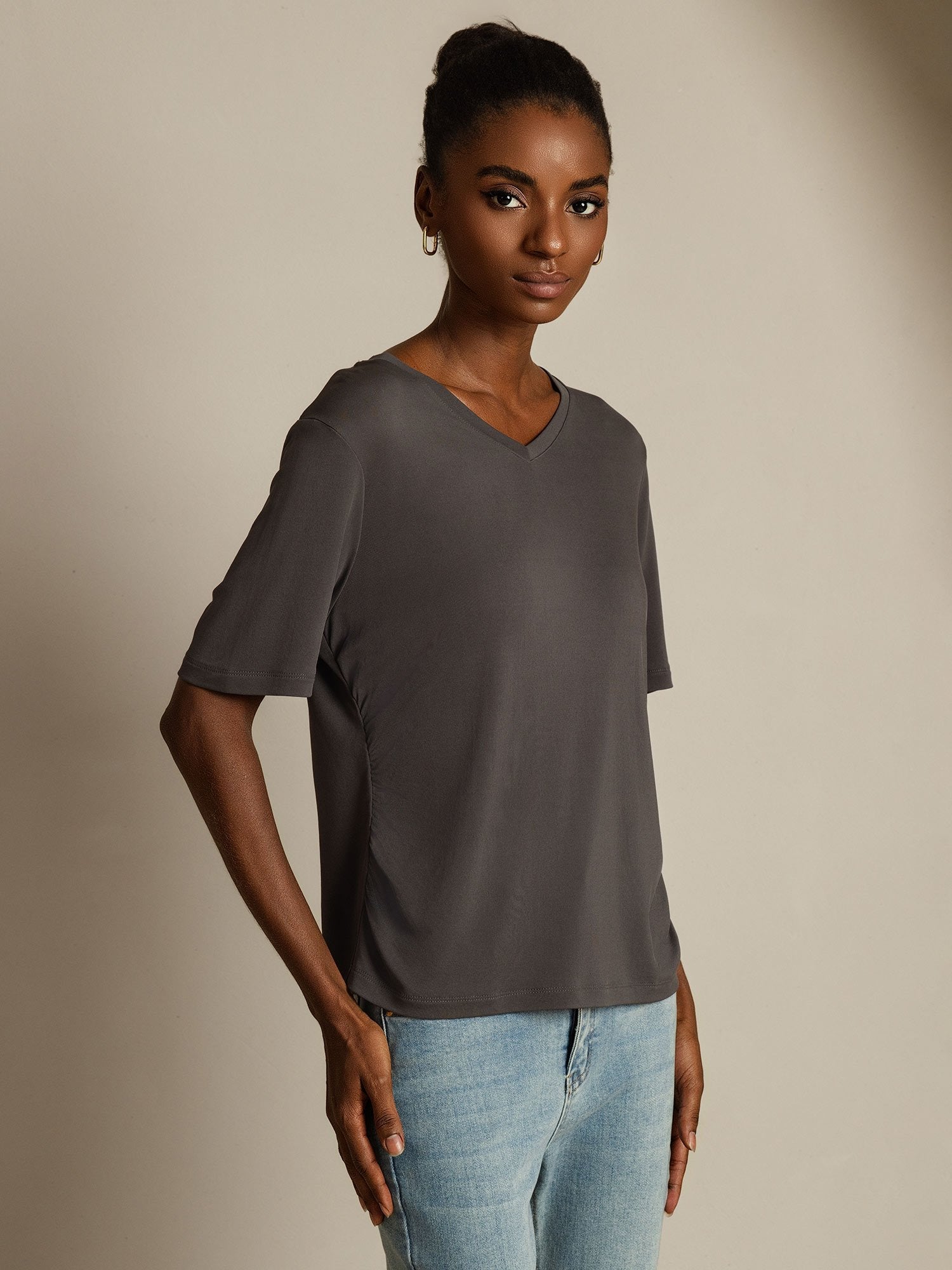 [Gris] SilkSilky-FR Soie Womens T-Shirt 001,