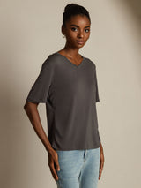 [Gris] SilkSilky-FR Manches courtes Col V Femme T-Shirt 001