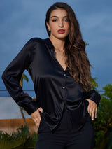 [Noir] SilkSilky-FR Long Sleeve Lapel Collar Femme Chemise 003