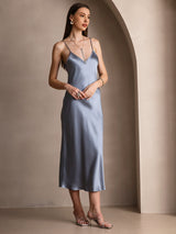 [Bleu Grisâtre] SilkSilky-FR Sleeveless V Neck Robes 004