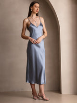 [Bleu Grisâtre] SilkSilky-FR Spaghetti Strap V Neck Robes 004