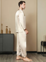 [Tan] SilkSilky-FR Pure Soie Manches longues Revers Homme Pyjamas 004